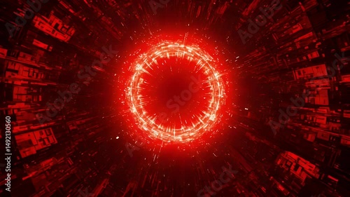 A vibrant red digital vortex spiraling into the unknown, surrounded by abstract geometric shapes and glowing lines