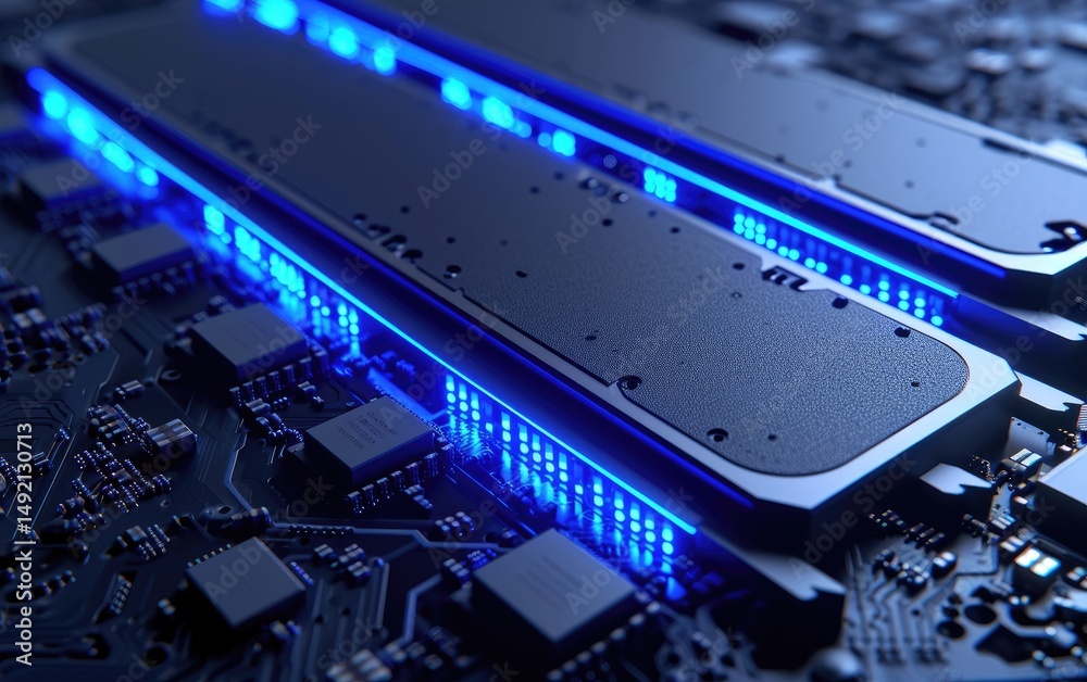 Illuminated SSD Computer Components Highlighted With Blue Light