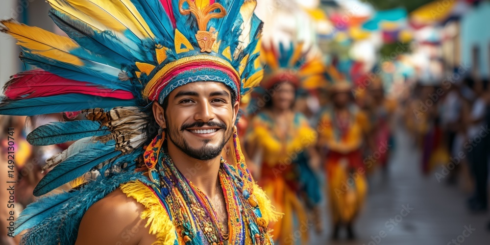 Fototapeta premium a Golowan parade, vibrant costumes and giant puppets marching through a decorated street