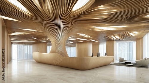 Stunning architectural lobby design featuring a flowing, organic wooden reception desk and ceiling.  The space is bright, modern, and welcoming