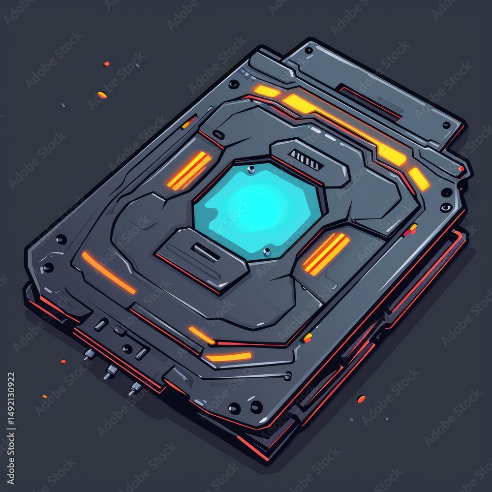 Stylized futuristic technological panel with glowing accents and a central cyan screen.