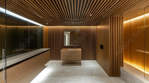 Modern minimalist interior with wood paneling, recessed lighting, and a sleek design.  The space features clean lines and a tranquil ambiance