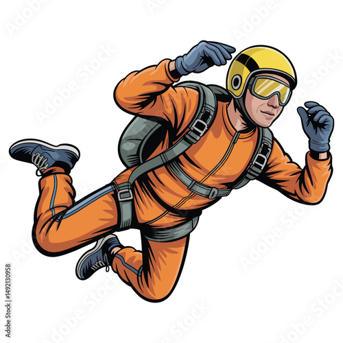 Flat Skydiver Illustration with Parachute on White Background.
