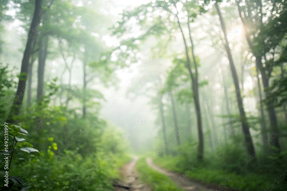 Obraz premium Misty forest path illuminated by soft morning light