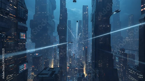 Futuristic cityscape with towering skyscrapers, flying vehicles, and illuminated billboards against a twilight sky