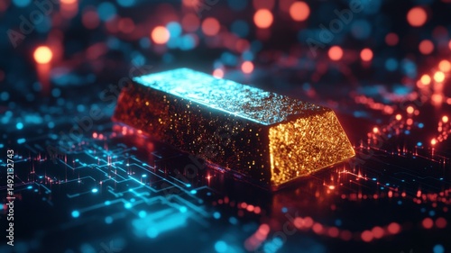 Gold bar with digital circuit background. Abstract technology