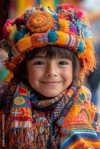 children dressed in traditional Andean clothing, smiling and playing during an Inti Raymi celebration, colorful banners and festive decorations in the background, soft daylight