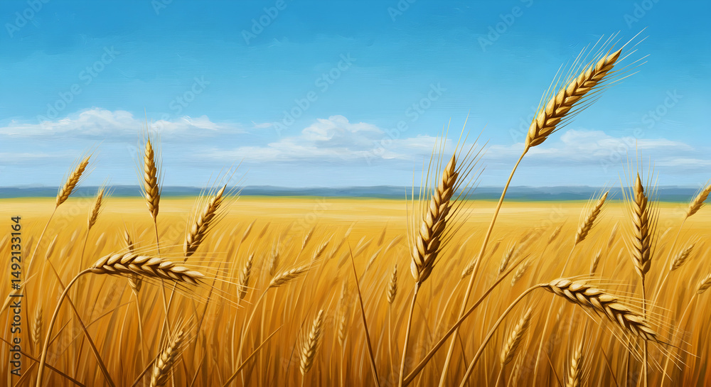 Naklejka premium wheat, field, golden, Golden Wheat Field under a Summer Sky