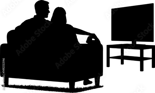 a man and women siting on sofa and watching tv. in black ad white silhouette in white background 