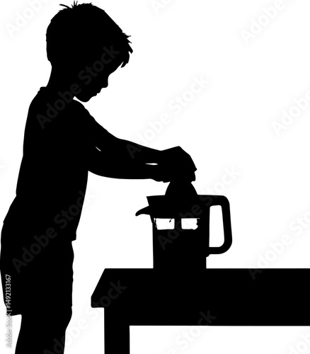 A boy making a juice in josser machine in black and white silhouette in white background 