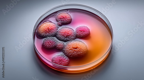 Petri dish with colorful bacterial colonies in a scientific setting  