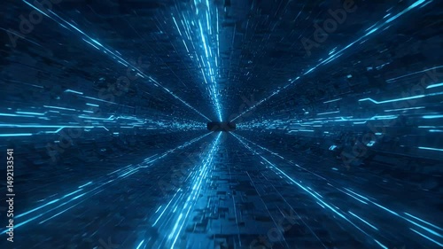 Futuristic digital tunnel with glowing blue lines converging towards a central point, creating a sense of depth and motion