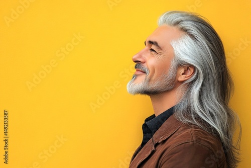 Visual idea of style for aging men. A sophisticated gentleman in a well-lit studio. Classy men's layered cut haircut - midlife middle eastern man with long hair. Yellow solid background.