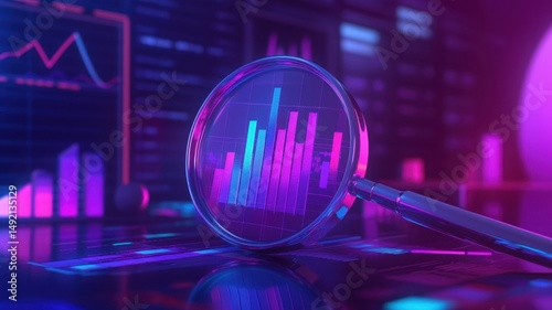 Magnifying glass focusing on data charts and graphs.