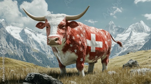 Swiss bull in a mountain landscape.