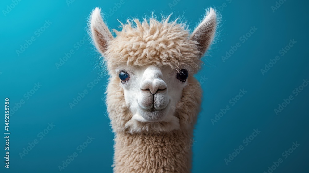 Obraz premium Close-up portrait of a fluffy alpaca against a blue background