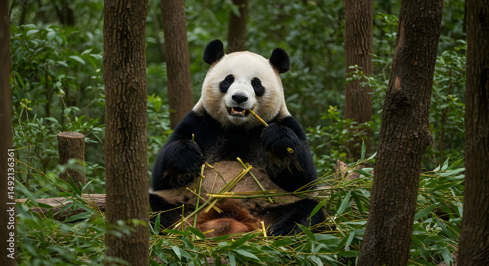 Naklejka premium giant panda, panda, panda bear, Giant Panda Eating Bamboo in Forest Habitat