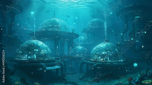 Underwater cityscape featuring futuristic glass domes inhabited by marine life, with vibrant coral reefs in the background