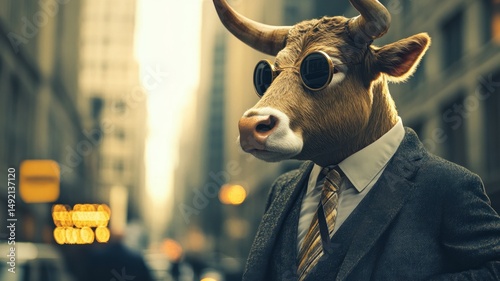 A bull in a suit with a tie and eyeglasses.
