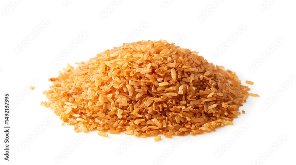Photograph of uncooked brown rice, displayed in a loose, textured pile on a white background. Photograph of uncooked brown rice, displayed in a loose, textured pile on a white background.