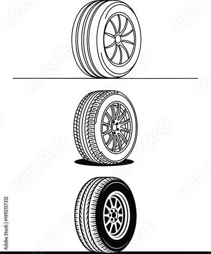 Car Tire Illustration Set, Three Styles of Vehicle Wheel Graphics in Black and White.