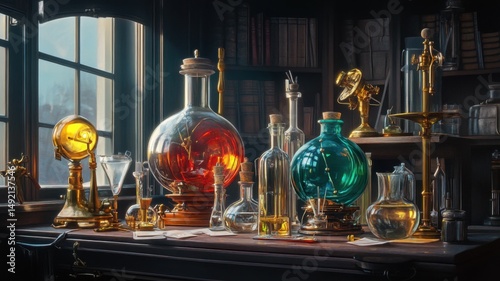 Antique science laboratory with flasks and glassware