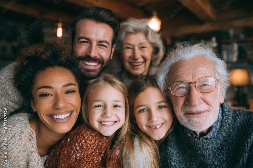 Happy multi-generational family spending time together in a warm home setting Happy multi-generational family spending time together in a warm home setting
