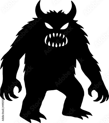 A monster black and white silhouette  in white  background 