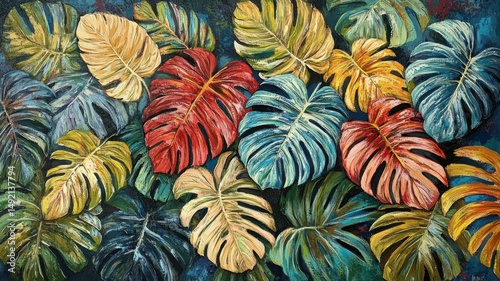 Colorful Monstera deliciosa leaves in oil paint
