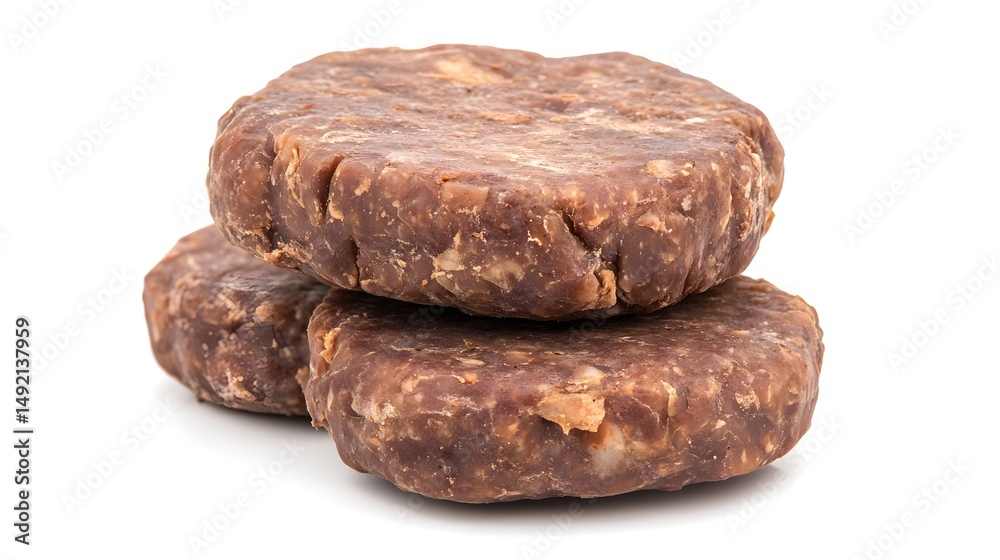 Photograph of three rustic, irregularly shaped chocolate-colored protein balls stacked together on a white background. Photograph of three rustic, irregularly shaped chocolate-colored protein balls stacked together on a white background.