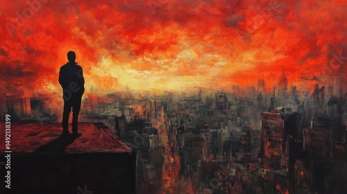 Silhouette contemplates urban skyline panorama under fiery sky on a rooftop overlooking metropolis scape in dramatic light