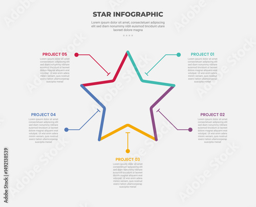 star or pentagram shape infographic outline style with 5 point template with thick star line layer stack for slide presentation