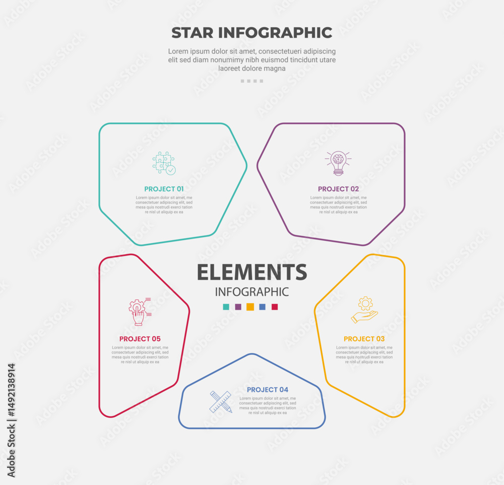 Obraz premium star or pentagram shape infographic outline style with 5 point template with random shape creating star shape in center for slide presentation