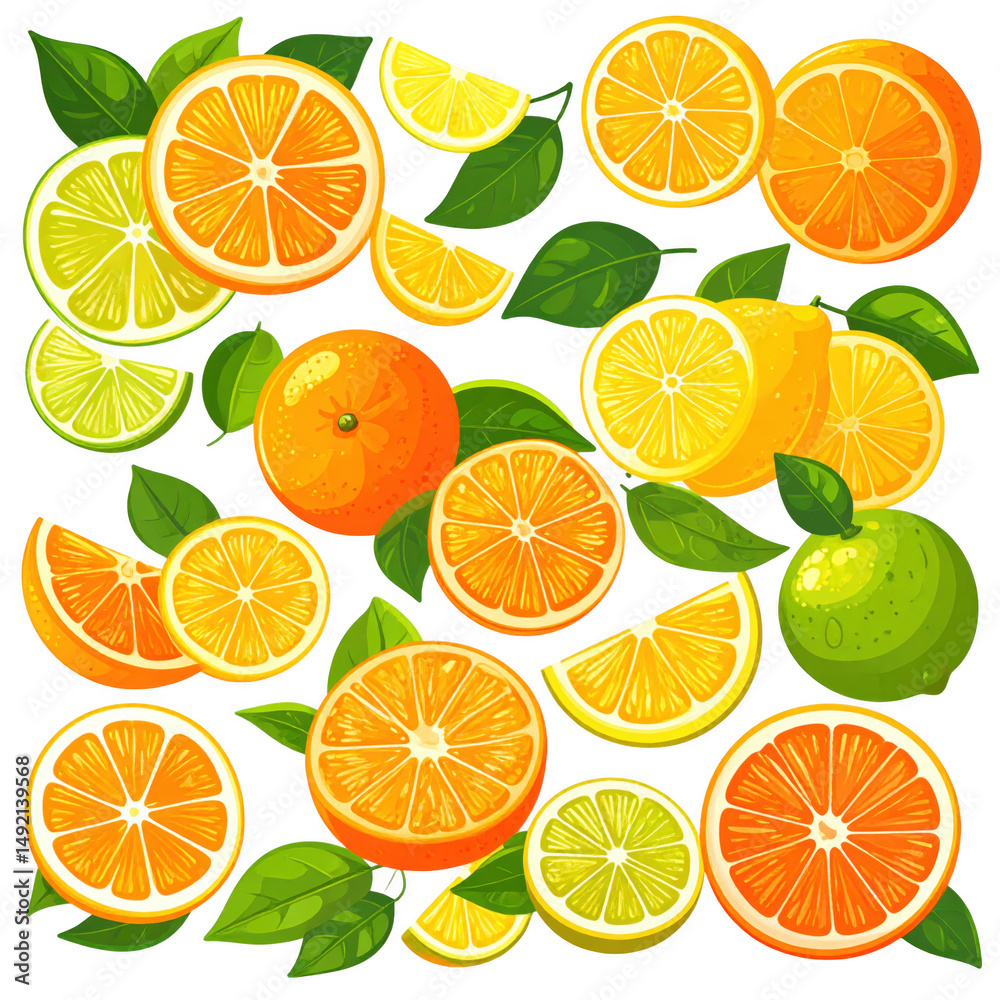 Vibrant Vector Cartoon Illustration of Isolated Citrus Fruits including Oranges, Lemons, and Limes on White Background Vibrant Vector Cartoon Illustration of Isolated Citrus Fruits including Oranges, Lemons, and Limes on White Background