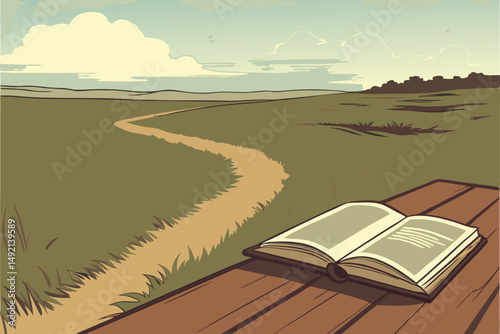 51 an open book on a wooden table, grassy field with dirt path leading into a blue sky with fluffy white clouds, cinematic landscape, digital art, unreal engine, 8k, detailed, photorealistic