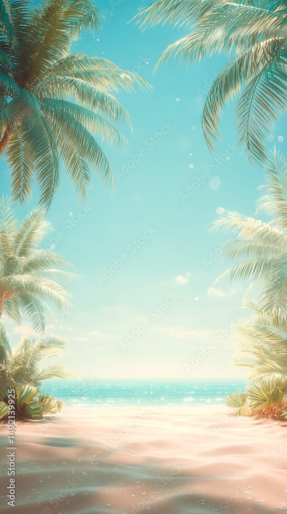 Obraz premium Mediterranean summer beach chiringuito with palm trees and elegant seaside atmosphere