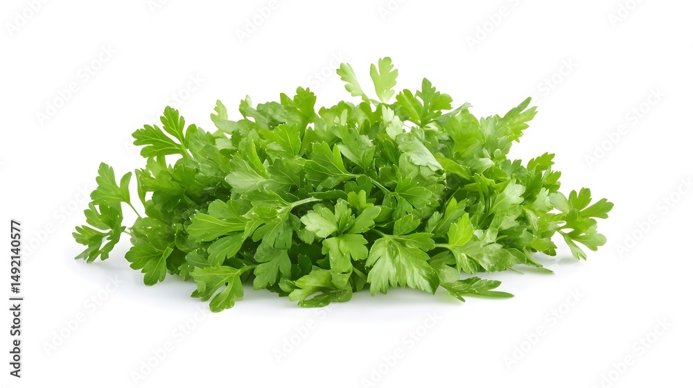 Photograph of parsley, a dense green herb, rests on a white background. Photograph of parsley, a dense green herb, rests on a white background.