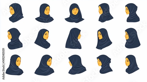 Diverse Muslim Women Silhouettes in Hijab Collection on White Backdrop