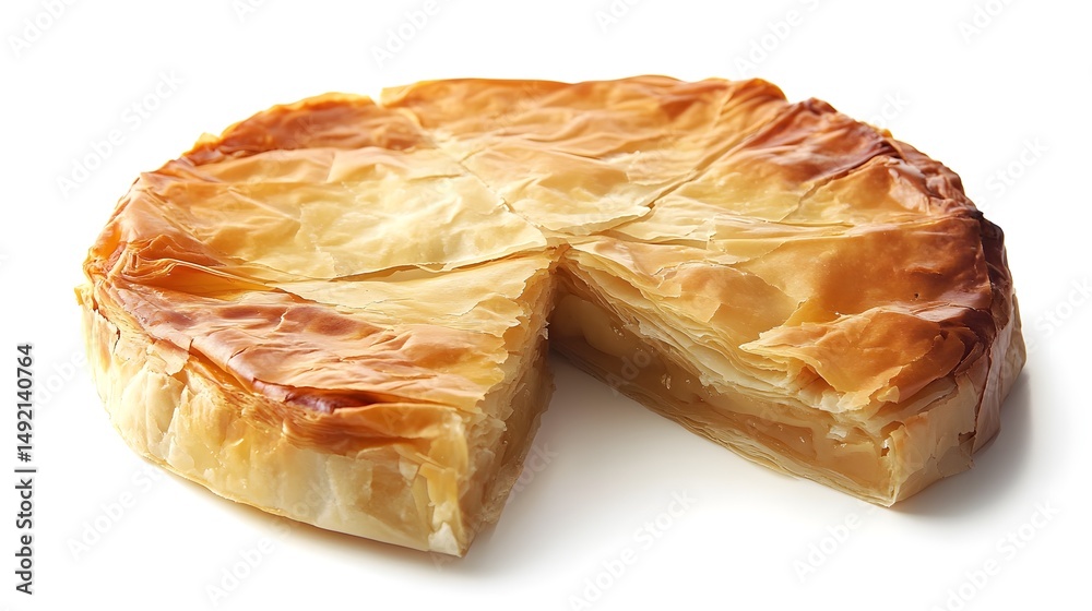 Photograph of a golden, layered pastry resembling a traditional Greek Bougatsa, sliced and presented on a white surface. Photograph of a golden, layered pastry resembling a traditional Greek Bougatsa, sliced and presented on a white surface.