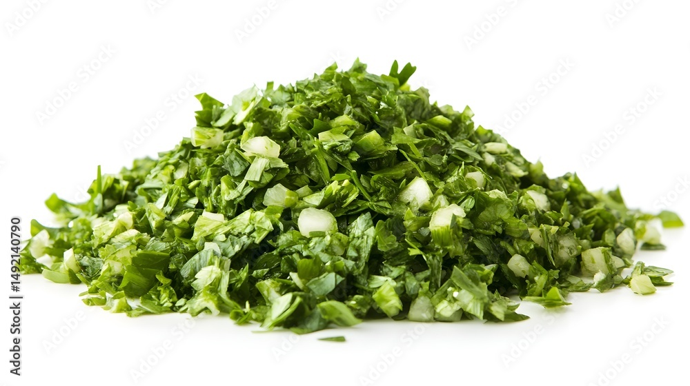 Photograph of chopped parsley, showcasing a pile of small, vibrant green pieces on a white surface. Photograph of chopped parsley, showcasing a pile of small, vibrant green pieces on a white surface.