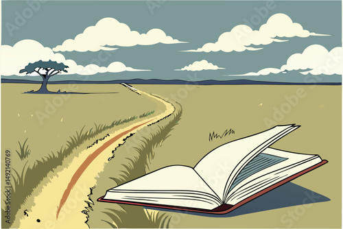 51 an open book on a wooden table, grassy field with dirt path leading into a blue sky with fluffy white clouds, cinematic landscape, digital art, unreal engine, 8k, detailed, photorealistic