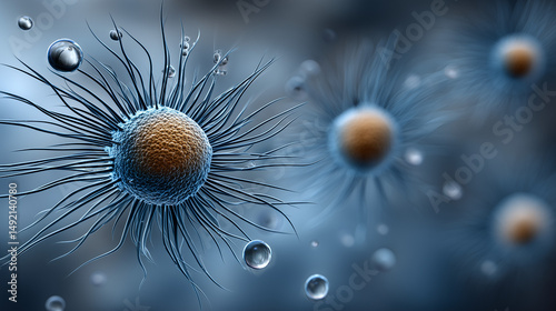 Close-up of ciliated protozoa with detailed structures in blue background   photo