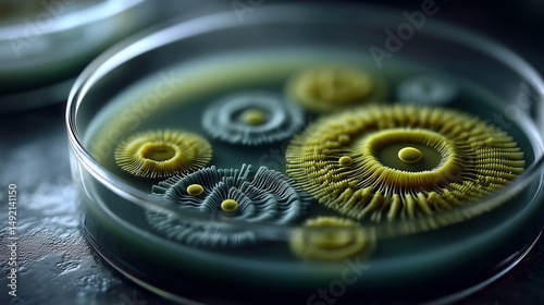 Close-up of microbial cultures with intricate yellow patterns in petri dish  