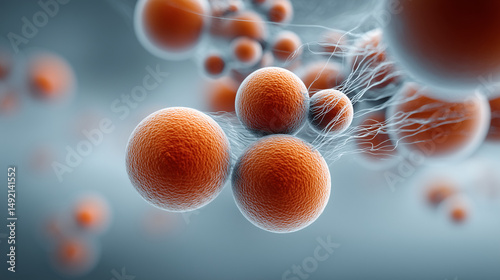 Microscopic scene of clustered orange bacteria in a scientific setting  