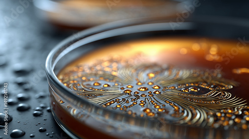Macro shot of circular bacteria colony in petri dish with moisture  
