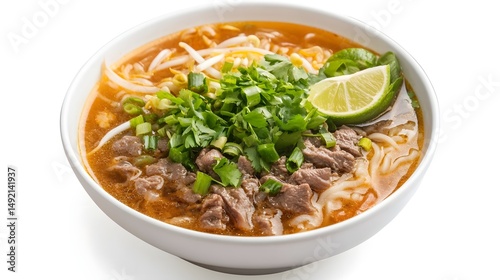 Photograph of a bowl of pho with beef, noodles, and herbs against a white background.