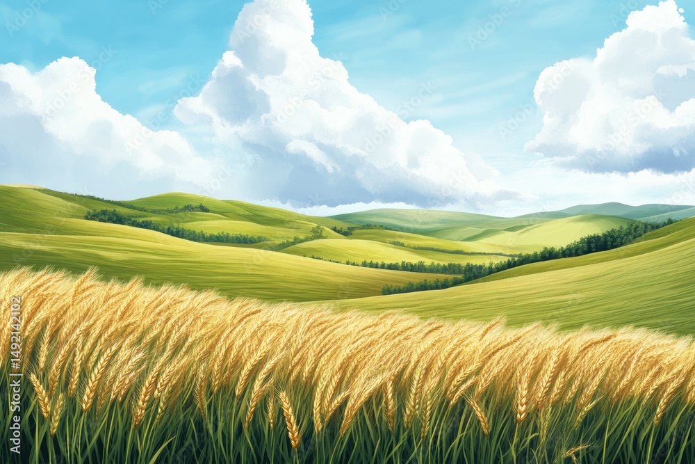 Fototapeta premium Golden Wheat Field Under a Summer Sky: Rolling Hills and Serene Countryside Landscape