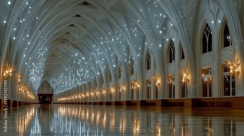 Stunning hall adorned with twinkling lights and elegant architecture creates a magical atmosphere at night