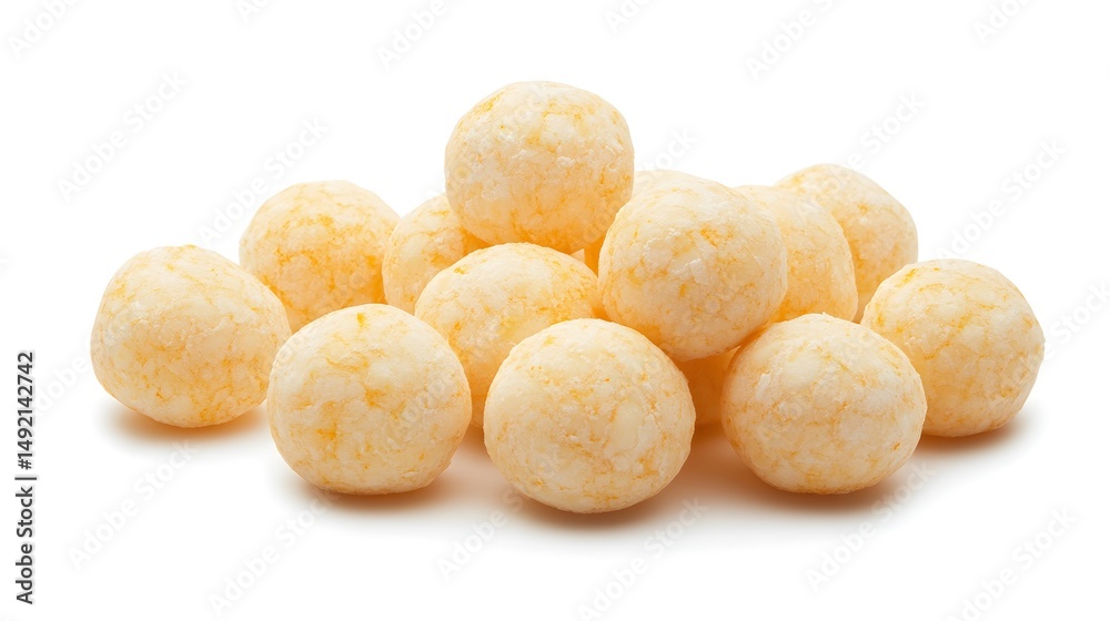 Photograph of cheese balls arranged on a white background, showcasing their spherical shape and textured surface.