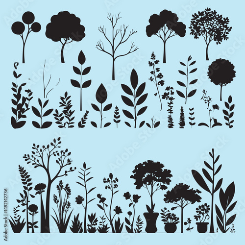 Set of plant and tree silhouette collection